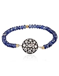 Sterling Silver Diamond Pave Charm Blue Sapphire Beads Stretch Bracelet Friendship Gift Jewelry