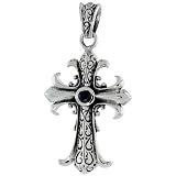 Sterling Silver Celtic Swirls on Cross Fleury Pendant w/ Single Black CZ, w/ 18" Thin Box Chain