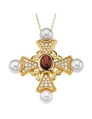 14K Yellow Gold Mozambique Garnet, Pearl and Diamond Cross Pendant -- LIFETIME WARRANTY