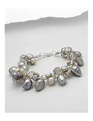 Grey (Dyed) Japanese silk cord Fresh Water Pearls Bracelet In Zinc