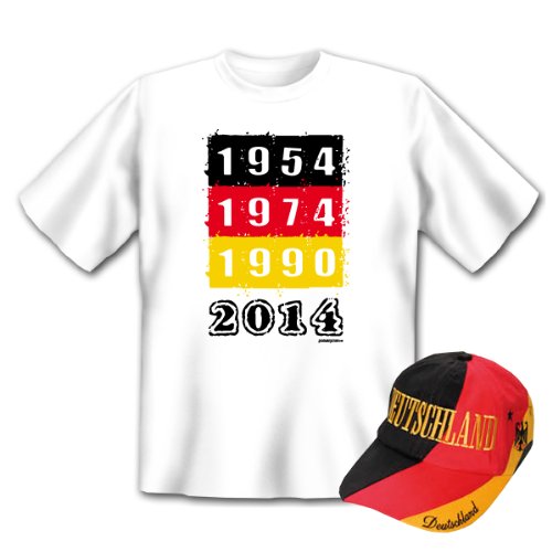2-teiliges Fanartikel Set zur Bundesliga Party Fußball Deutschland – Fan T-Shirt: Weltmeister 1954 1974 1990 2014 Gr. XL in weiss CAP: go for goals : )
