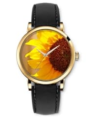 SPRAWL Aanalog Fashion Series Gold Ladies Watches of Genuine Black Leather Strap,Unique Wrist Watch for Women Girls Designed with Yellow sunflowers