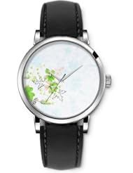 SPRAWL Aanalog Fashion Series Silver Ladies Watches of Genuine Black Leather Strap,Unique Wrist Watch for Women Girls Designed with Green flowers and light blue flowers background