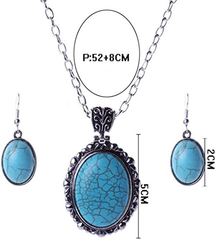 LAM Sue Retro Silver Plated Vintage Kallaite Studded Pendant Fancy Lady Party Cocktail Dress Necklace Earrings Set Blue