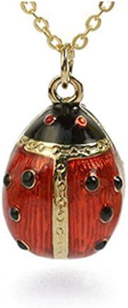 Red and Black Russian Faberge Style Egg Ladybug Pendant Necklace, 18" Charm 0.75" Museum Style Jewelry