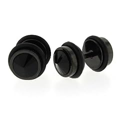 Black Anodized Stainless Steel Faux Plug - Black CZ- 16g Stud - 8mm Fake Plug - Sold as a Pair