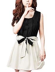 Two-Toned Sleeveless Tank Elasticized   Waistline Scoop Neck Polyester Pleated Colorblocking  Dress