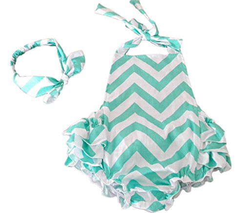 Wave Cotton Floral Ruffles Baby Girl Rompers Dress With Headband (6-12 Month,Green)