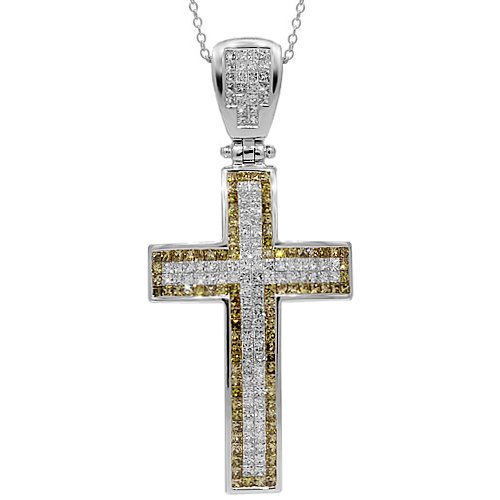 14K White Gold Mens Yellow Diamond Cross Pendant 4.65 Ctw