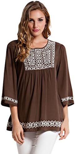 Orange Creek Women's Peasant Embroidered Accent Rayon Stitched Blouse Mocha Medium