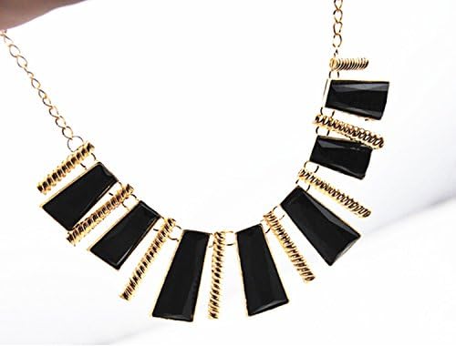 Fashion Big Drops of Glaze Pure Black Onyx Retro Vintage Geometric Magazine Necklace Hang Drop Sweater Chain Necklace for Lady Women (Line Separate Black & White)
