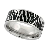 Surgical Steel 9mm Wedding Band Ring Zebra Stripe Blackened finish, sizes 7 to 14