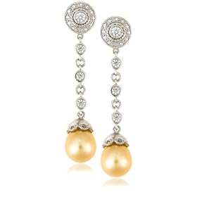 Sterling Silver Dyed Golden Freshwater Cultured Pearl w/ Cubic Zirconia Dangle Earrings by 