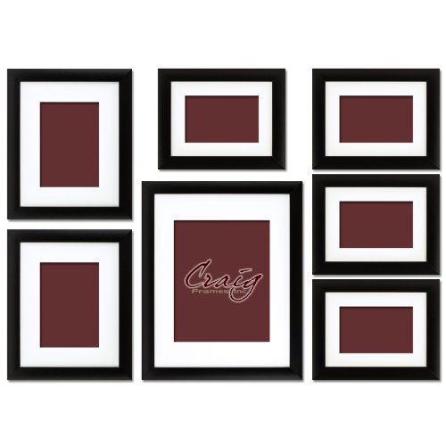 Craig Frames 1WB3BK Picture Frame 7-Piece Wall Set, Black Frames, White Display Mats, Picture Hanging Tool