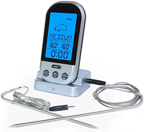 Remote Wireless Meat Thermometer with Timer for Kitchen Cooking Grilling BBQ Smoker Food including 2 Probes, 4 AAA Batteries