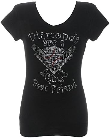 Women's Baseball Diamonds Are A Girls Best Friend Rhinestone V-Neck T-Shirt Medium