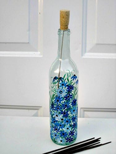 Incense Burner, Smoking Bottle, Recycled Clear Bottle, Incense Holder, Hand Painted, Shades of Blue Flowers, Safe Incense Burner