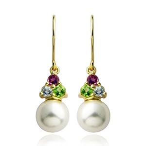 18k Gold Overlay Sterling Silver Genuine White Shell Pearl, Blue Topaz, Peridot, and Amethyst Drop Earrings</span>&nbsp;<span style=