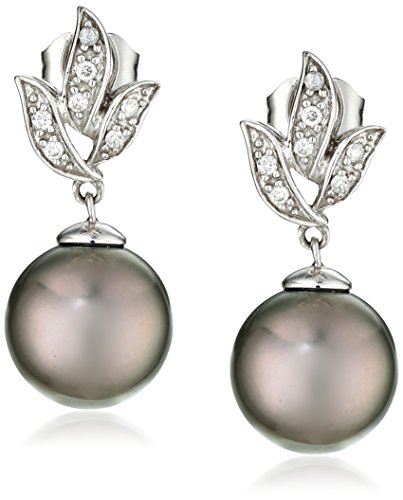 10k White Gold Black Tahitian Cultured Pearl with Diamond Accent Earrings