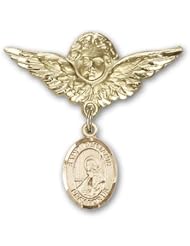 14K Gold Baby Badge with St. Benjamin Charm and Angel with Wings Badge Pin