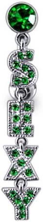 Dark Green Gem Dangling "" Word 925 Sterling Silver Belly-Navel Ring Body jewelry