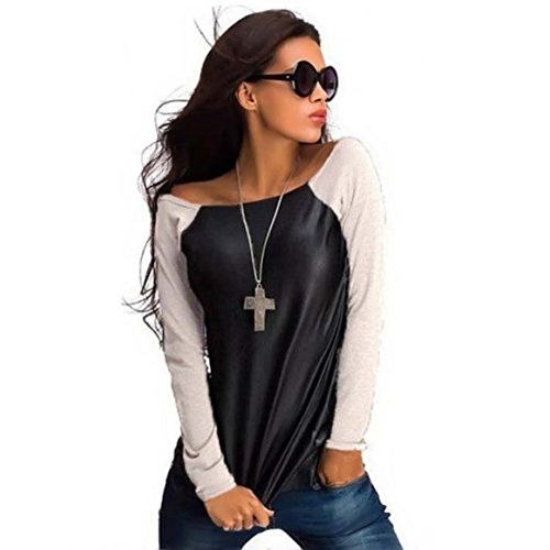 Fedi Apparel Women Long Sleeve Crew Neck Blouse T-Shirt PU Leather Slim Tops