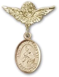 Gold Filled Baby Badge with St. Maria Goretti Charm and Angel with Wings Badge Pin