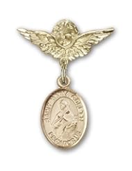 14K Gold Baby Badge with St. Maria Goretti Charm and Angel with Wings Badge Pin