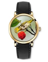 SPRAWL Aanalog Fashion Series Gold Ladies Watches of Genuine Black Leather Strap,Unique Wrist Watch for Women Girls Designed with Bird on the branch