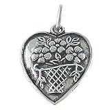 Puffy Flower Basket Heart Vintage Style 925 Sterling Silver Traditional Charm or Pendant