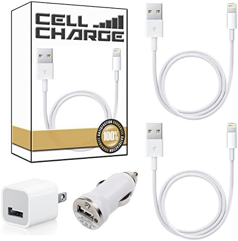 CellCharge 2x High Quality USB Cable + Home Wall AC Adapter + Auto Car Charger for iPhone 5,5C,5S / iPad Air,4,Mini / iPod Touch 5, Nano 7 (WHITE)