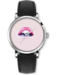 SPRAWL Aanalog Fashion Series Silver Ladies Watches of Genuine Black Leather Strap,Unique Wrist Watch for Women Girls Designed with Sexy lips