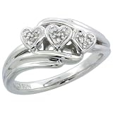 Sterling Silver Triple Heart Engagement Ring w/ Tiny Brilliant Cut Diamonds, 3/8 in. (9mm) wide