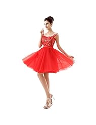 Sleeveless Tulle Lace Open-Back Beaded Applique Cocktail Above the Knee Short Prom Dress 