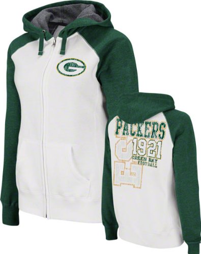 NFL Women's Green Bay Packers Sport Princess Long Sleeve Raglan Full-Zip Fleece Hoodie (White/Dark Green Heather, Large)