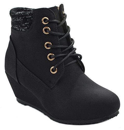 Kids Girls Sally28 Lace Up Faux Nubuck Knit Sweater Cuff Wedge Ankle Boot Booties