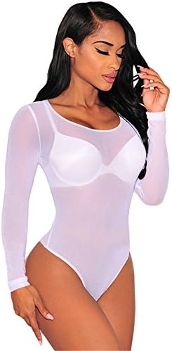Women's Sexy White Long Sleeve Sheer Mesh Turtleneck Bodysuit Leotard Top Body