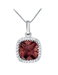 14k White Gold Cushion Cut Garnet And Diamond pendant with 18" Chain