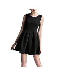 Vertical Stripe Sleeveless Spandex Short Pleated Belted Fit-and-Flare  Dress