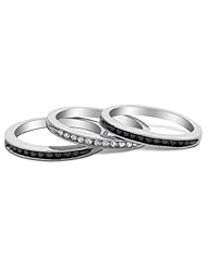 White and Black Diamond Stackable Three Ring Set 1/3 Carat (ctw) in Sterling Silver