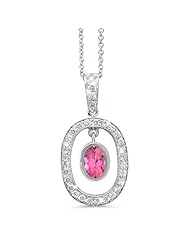 Twin Oval Shaped Vintage Diamond Pendant In 18K White Gold With A 0.90 ct. Genuine Pink Tourmaline Center Stone.