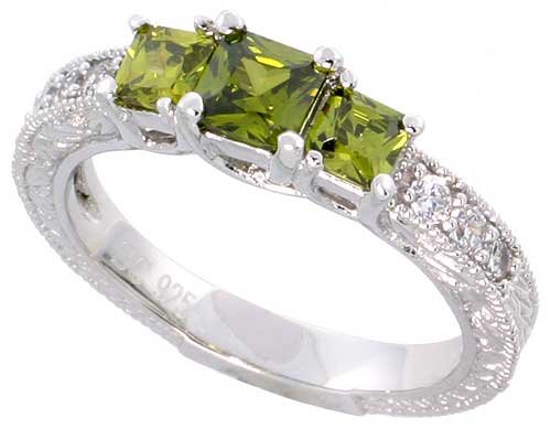 Sterling Silver Vintage Style Engagement ring, w/ two 4mm (.3 ct) & one 5mm (.63 ct) Princess Cut Peridot-colored CZ Stones, 3/16″ (5mm) wide, size 8