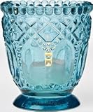 Turquoise Blue Vintage Glass Candle Holder (fancy faceted design)