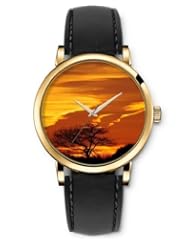 SPRAWL Aanalog Fashion Series Gold Ladies Watches of Genuine Black Leather Strap,Unique Wrist Watch for Women Girls Designed with Sunny and dry orange tree
