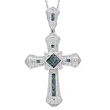 14K White Gold Mens Diamond Cross Pendant with Blue Diamonds 5.73 Ctw