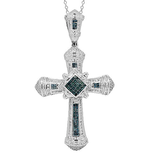 14K White Gold Mens Diamond Cross Pendant with Blue Diamonds 5.73 Ctw