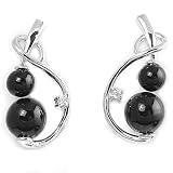 Sterling Silver Black Bead with Clear Cubic Zirconia Earrings, Size: 21 mm