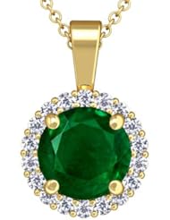 14K Yellow Gold Round Cut Emerald And Round Diamond Pendant