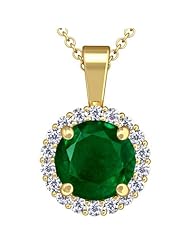18K Yellow Gold Round Cut Emerald And Round Diamond Pendant