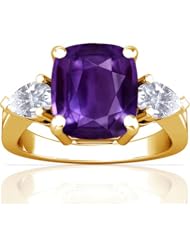 14K Yellow Gold Cushion Cut Purple Sapphire Three Stone Ring